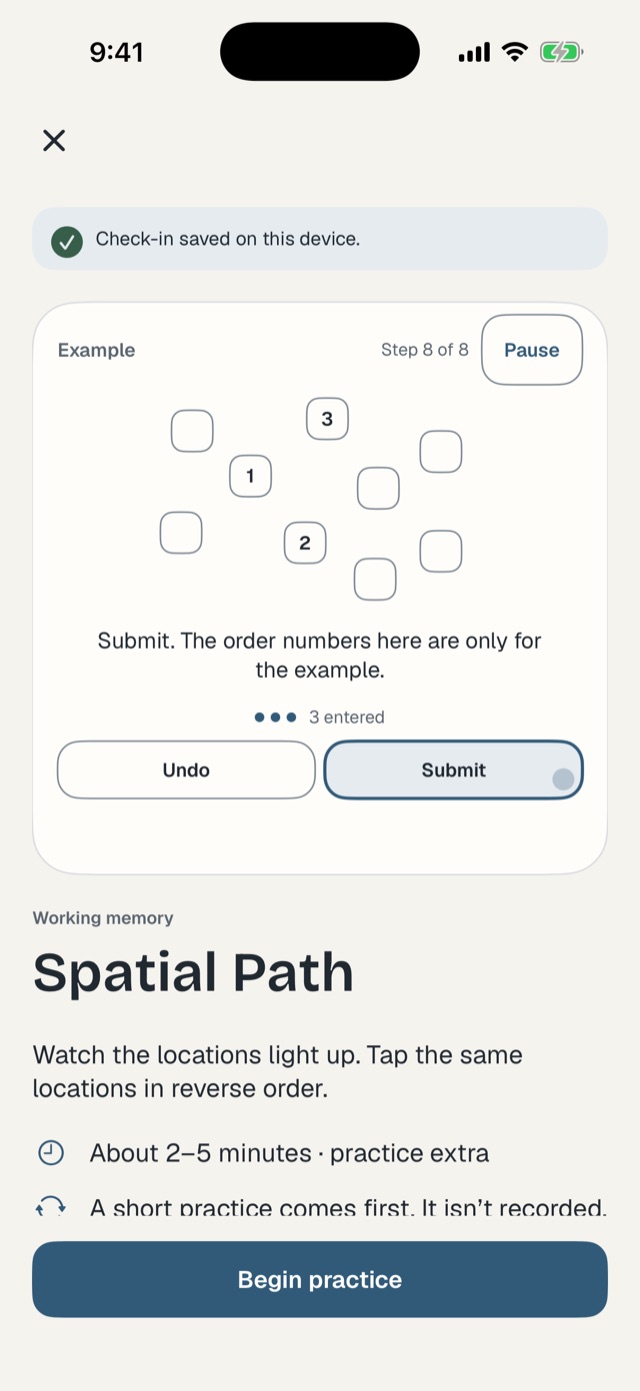 The Spatial Path activity in the Rerio app: an example of the task, the instruction to tap the locations in reverse order, and a Begin practice button.