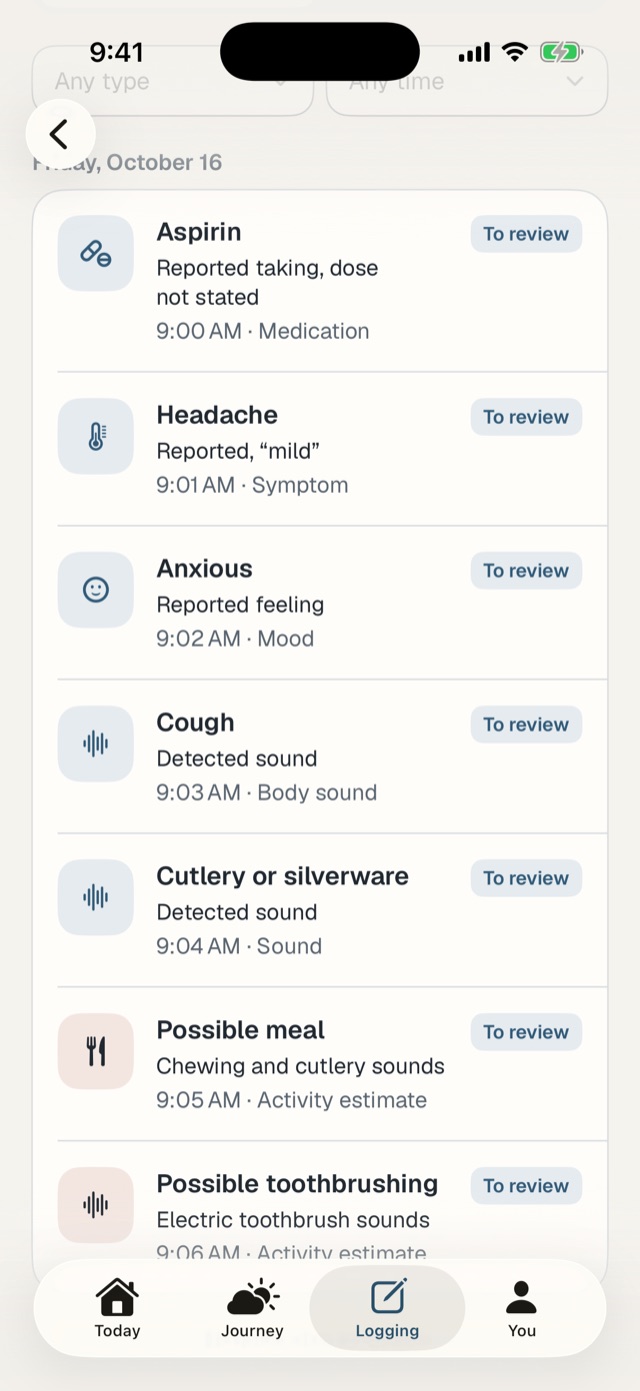 Audio events in the Rerio app for Friday, October 16. Seven events to review: aspirin, reported taking; headache, reported mild; anxious, reported feeling; a cough; cutlery sounds; a possible meal from chewing and cutlery sounds; and possible toothbrushing from electric toothbrush sounds.