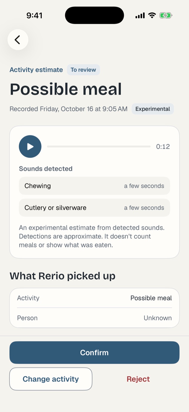 An audio event in the Rerio app: a possible meal at 9:05 AM, marked experimental. It lists the sounds detected, chewing and cutlery, with a clip to play, explains that it is an approximate estimate that doesn’t count meals or show what was eaten, and offers confirm, change activity or reject.