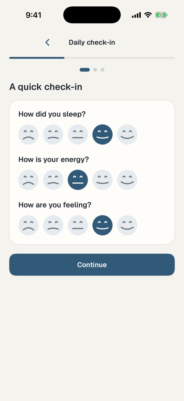 The daily check-in in the Rerio app: three questions, how did you sleep, how is your energy and how are you feeling, each answered on a scale of five faces.