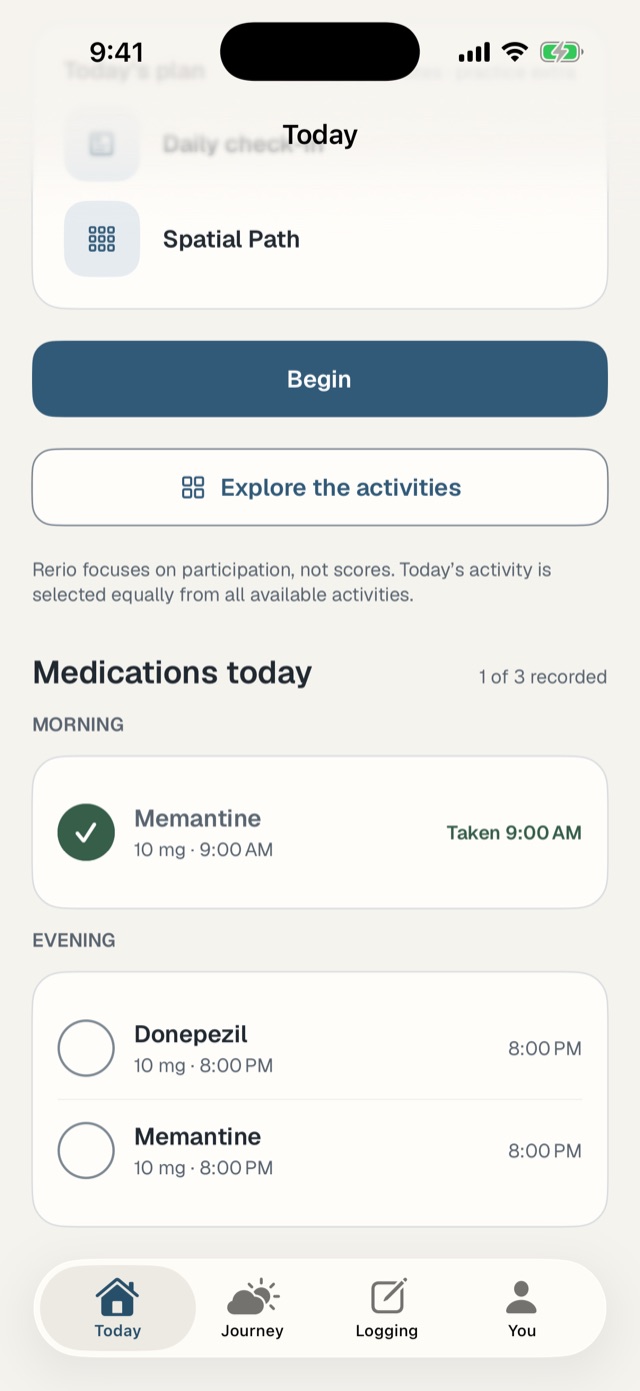 Medications today in the Rerio app: Memantine 10 mg taken at 9:00 AM, with Donepezil and Memantine still due at 8:00 PM. One of three recorded.